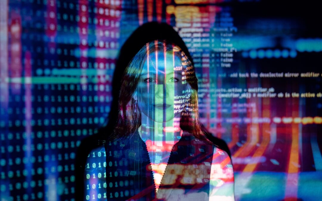 A woman in front of a projector displaying photos of data.